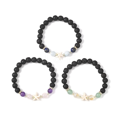 3Pcs Round Natural Lava Rock & Citrine & Lapis Lazuli & Green Aventurine & Amethyst & Madagascar Rose Quartz & Synthetic Turquoise Beads  Stretch Bracelets for Women BJEW-JB12789-1