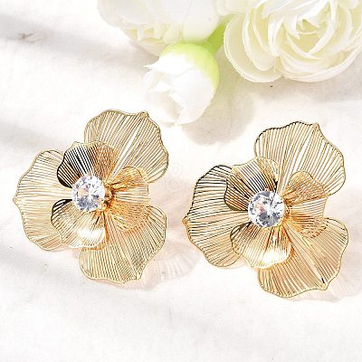 Flower Brass Micro Pave Cubic Zirconia Stud Earrings EJEW-F391-07G-01-1