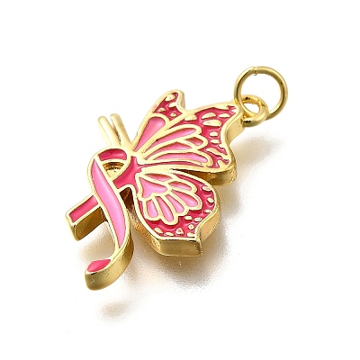October Breast Cancer Pink Awareness Ribbon Brass Enamel Pendants KK-S517-04D-D-1
