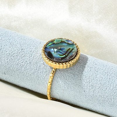Flat Round 304 Stainless Steel Paua Shell Cuff Rings for Women RJEW-G346-10G-01-1