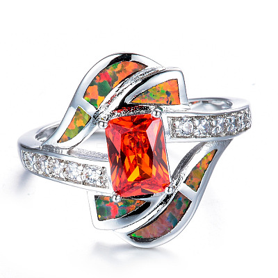 Brass Micro Pave Cubic Zirconia and Opal Finger Rings FS-WG9EA6B-06-1