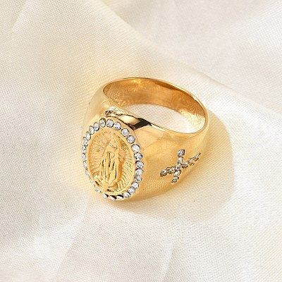 Oval with Saint 304 Stainless Steel Rhinestone Finger Ring for Unisex RJEW-Z076-05G-02-1