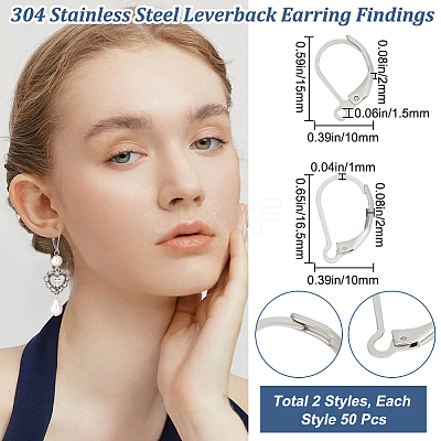 100Pcs 2 Style 304 Stainless Steel Leverback Earring Findings STAS-BBC0004-16-1