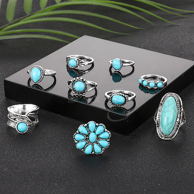 9Pcs Alloy with Synthetic Turquoise Finger Rings FS-WG21963-01-1