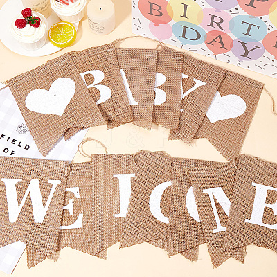 1 Set Word Baby Welcome Linen Hanging Banners Flags AJEW-SP0001-52-1