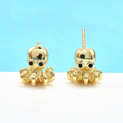 Octopus Brass Micro Pave Cubic Zirconia Stud Earrings EJEW-H157-02G-1