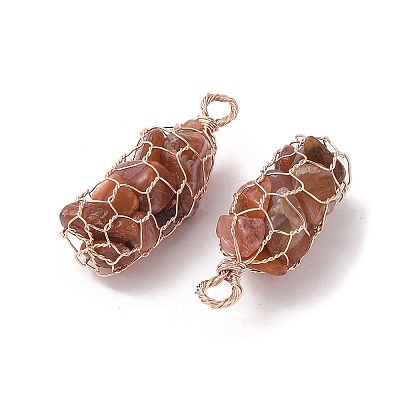 Rack Plating Copper Wire Wrapped Natural Red Agate Chip Big Pendants G-C130-01RG-11-1