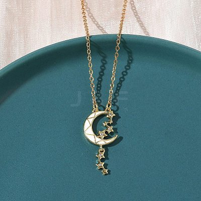 Brass Micro Pave Clear Cubic Zirconia White Moon with Star Pendant 304 Stainless Steel Chain Necklaces for Women NJEW-D341-11G-1