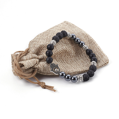 Natural Lava Rock and Black Agate(Dyed) Stretch Bracelets BJEW-JB04006-04-1