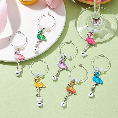 Flamingo Alloy Enamel Wine Glass Charms AJEW-JO00222-1