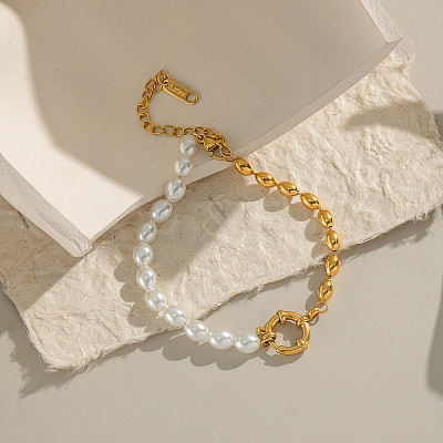 Fashion Plastic Pearl & 304 Stainless Steel Oval Beaded Link Bracelets for Women UP6693-1