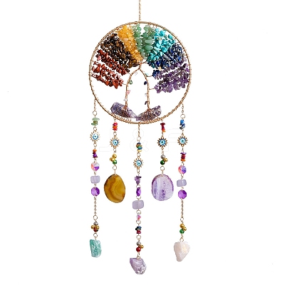 7 Chakra Natural & Synthetic Mixed Stone Chips Tree of Life Suncatchers HJEW-F027-17-1