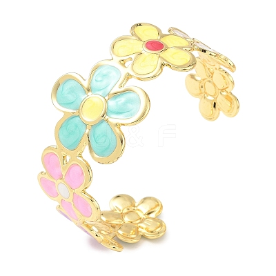 Flower Brass Enamel Cuff Bangles for Women BJEW-A173-06G-1