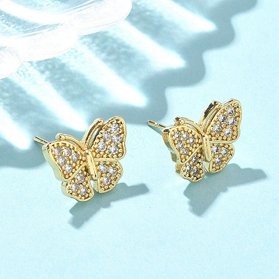 Butterfly Brass Micro Pave Clear Cubic Zirconia Stud Earrings EJEW-A132-07G-1