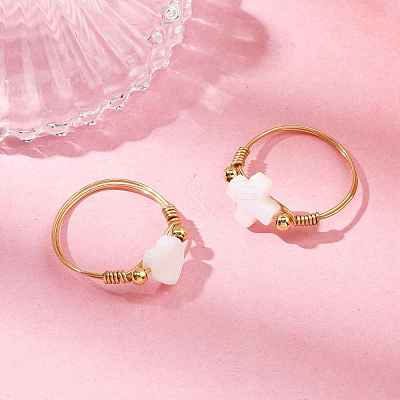 Natural Freshwater Shell with Copper Wire Finger Rings RJEW-JR00956-1