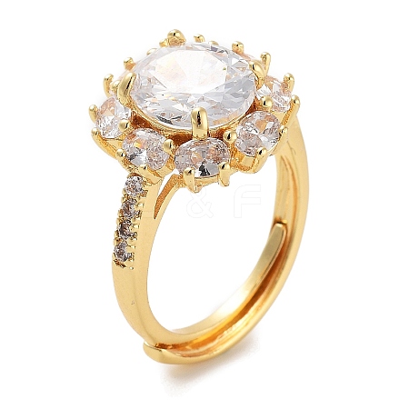 Flower Rack Plating Brass Micro Pave Cubic Zirconia Adjustable Rings for Women RJEW-Z059-11G-02-1