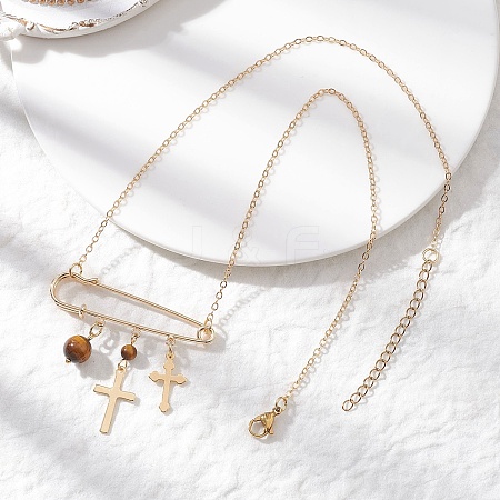 201 Stainless Steel Satety Pin with Round Natural Tiger Eye Pendant Brass Cable Chain Necklaces for Women NJEW-TA00214-1
