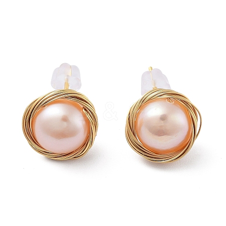 Natural Pearl Flat Round Stud Earrings EJEW-P256-67G-1