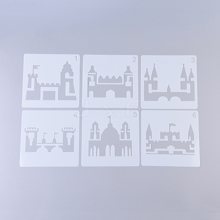  Jewelry Beads Findings Plastic Drawing Painting Stencils Templates, Castle Theme, White, 130x130x0.3mm, 6pcs/set