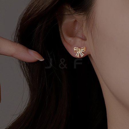 Bowknot Brass Stud Earrings for Women EJEW-P288-02G-1