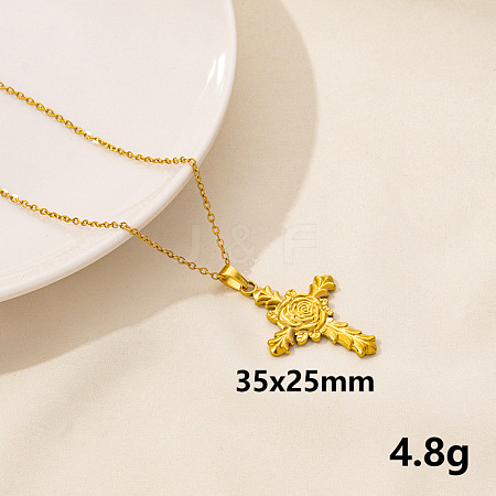 Vintage Stainless Steel Cross with Rose Pendant Lock Collarbone Chain Necklace for Women KO0043-12-1