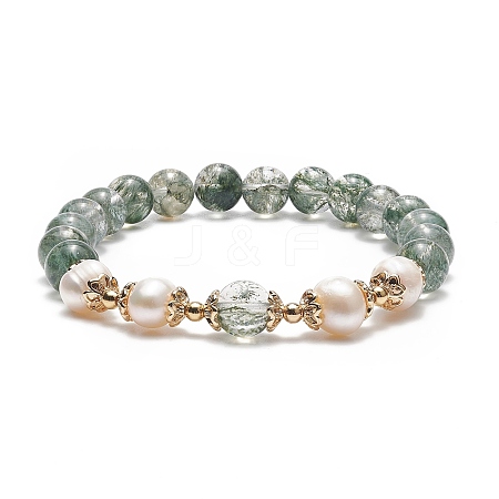 Imitation Green Quartz Glass & Natural Pearl & Brass Flower Beaded Stretch Bracelet for Women BJEW-JB09006-1