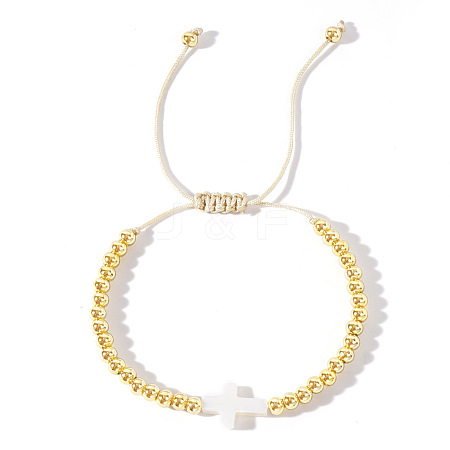 Brass & White Shell Cross Braided Bead Bracelets for Women HJ6484-3-1