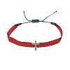 Vintage Bohemian Cotton Cord Braided Bracelets with Brass Micro Pave Blue Cubic Zirconia Religion Cross Beads HL6263-20-1