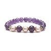 Natural Gemstone & Pearl & Brass Flower Beaded Stretch Bracelet for Women BJEW-JB09010-4