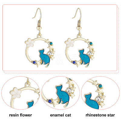 3 Pairs 3 Colors Resin Flower & Enamel Cat & Rhinestone Star Dangle Earrings EJEW-AN0001-88-1