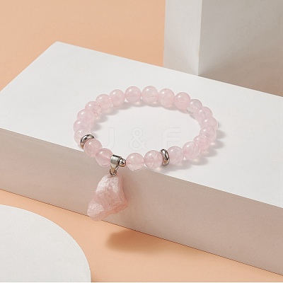 Round Natural Rose Quartz Beaded Stretch Bracelet with Nuggets Charms for Women BJEW-JB09316-02-1