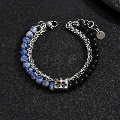 Natural Blue Spot Jasper and Frosted Obsidian Round Beaded 2-Strand Bracelets with 201 Stainless Steel Wheat Chains for Men Women NT5911-2-1