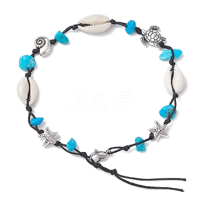 Beach Starfish Turtle Synthetic Turquoise & Natural Cowrie Shell Beaded Anklets AJEW-AN00687-01-1