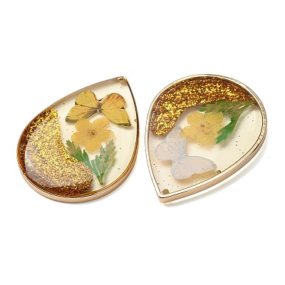Brass & Transparent Epoxy Resin & Dried Flower Pendants RESI-G133-05G-01-1