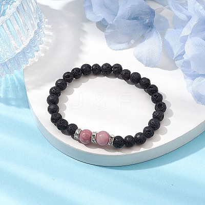Round Natural Lava Rock & Rhodochrosite Beaded Stretch Bracelets for Women BJEW-JB10804-1