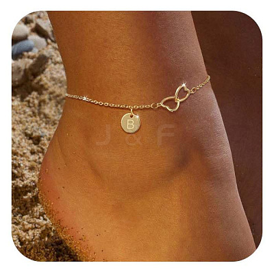 Brass Double Heart Link Flat Round Initial Charm Anklets for Women FS-WGA84B7-05-1