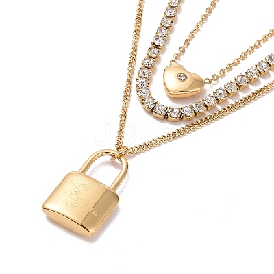 Crystal Rhinestone Heart & Word Love You Padlock Charms Triple Layer Necklace NJEW-C036-07G-1