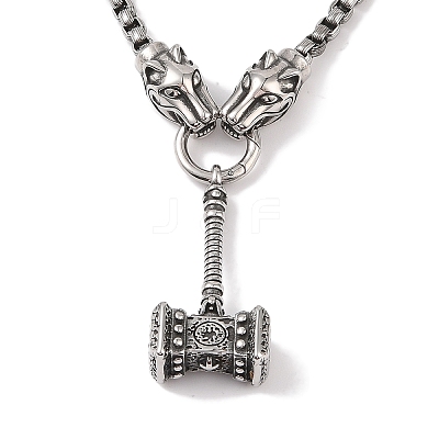 304 Stainless Steel Tiger Head King Box Chain Viking Mjolnir Thor Hammer Pendant Necklaces for Men NJEW-K378-04AS-1