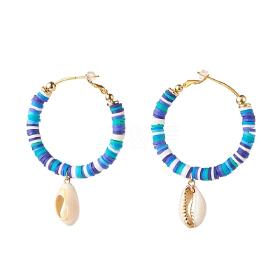 Big Ring with Cowrie Shell Dangle Huggie Hoop Earrings EJEW-JE04732-1