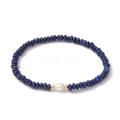Natural Lapis Lazuli Rondelle & Pearl Beaded Stretch Bracelets BJEW-JB09918-07-1