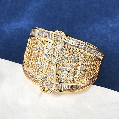 Brass Micro Pave Clear Cubic Zirconia Open Cuff Rings for Women RJEW-A059-04G-1
