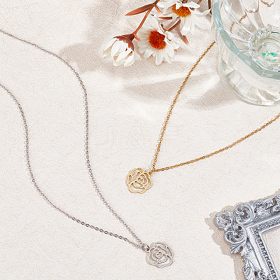 2Pcs 2 Colors 304 Stainless Steel Hollow Rose Pendant Necklaces Set for Women NJEW-AN0001-87-1