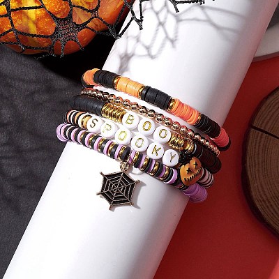 5Pcs Halloween Handmade Polymer Clay & Acrylic Beaded Stretch Bracelets Kit BJEW-TA00480-1