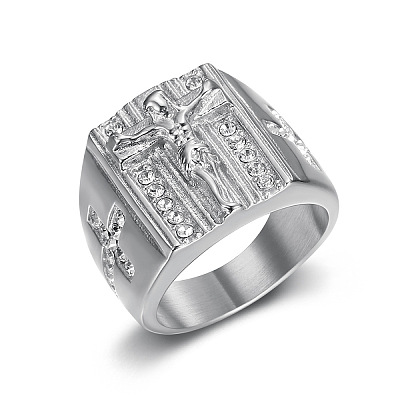 Cross with Jesus Pattern 304 Stainless Steel with Crystal Rhinestone Finger Rings for Men FS-WG78AD7-11-1
