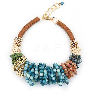 Bohemian Style Round Gemstone & Glass & Wood & CCB Plasitc Beaded Bib Necklaces FS-WGADB81-01-1