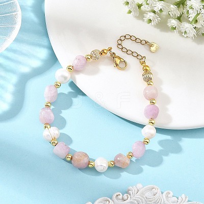Natural Kunzite Nuggets and Potato Natural Cultured Freshwater Pearl Beaded Bracelets BJEW-JB14388-1