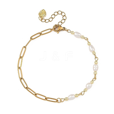 Natural Pearl Rice Beaded Chain Bracelets with 304 Stainless Steel Paperclip Chains BJEW-JB14234-01-1