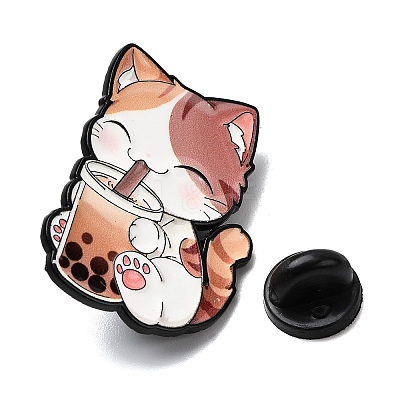 Cat Drinking Bubble Tea Enamel Pins JEWB-I055-05EB-05-1