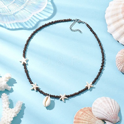 Summer Beach Synthetic Turquoise Starfish & Natural Cowrie Shell Pendant Necklaces NJEW-JN05207-1