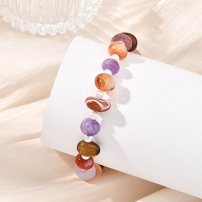 Natural Mixed Gemstone Nuggets & Shell Pearl Round Beaded Bracelets for Women BJEW-JB13956-1
